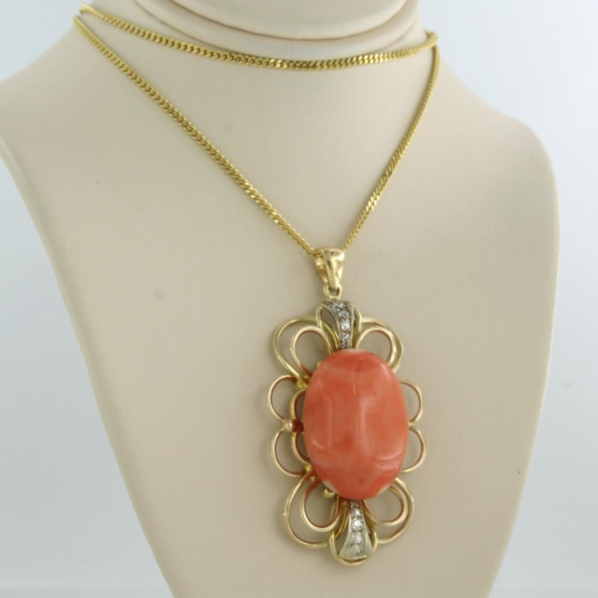Single Cut Necklace and pendant with coral and single cut diamonds - 17.4 grams 14k gold For Sale