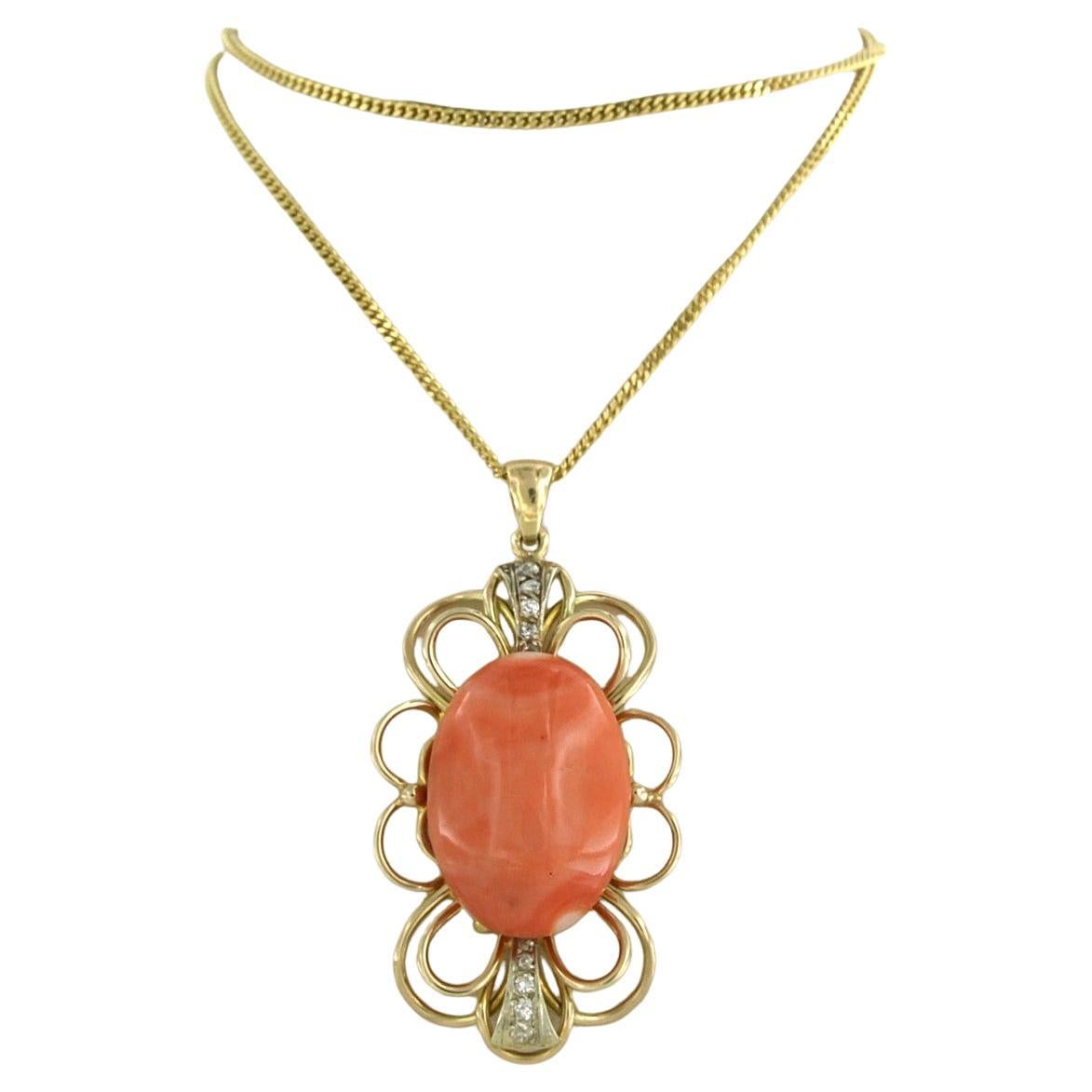 Necklace and pendant with coral and single cut diamonds - 17.4 grams 14k gold