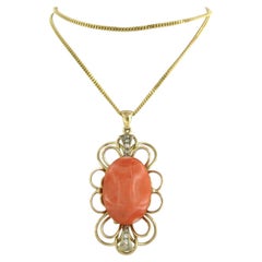 Necklace and pendant with Coral and single cut diamonds up to 0.20ct 14k gold