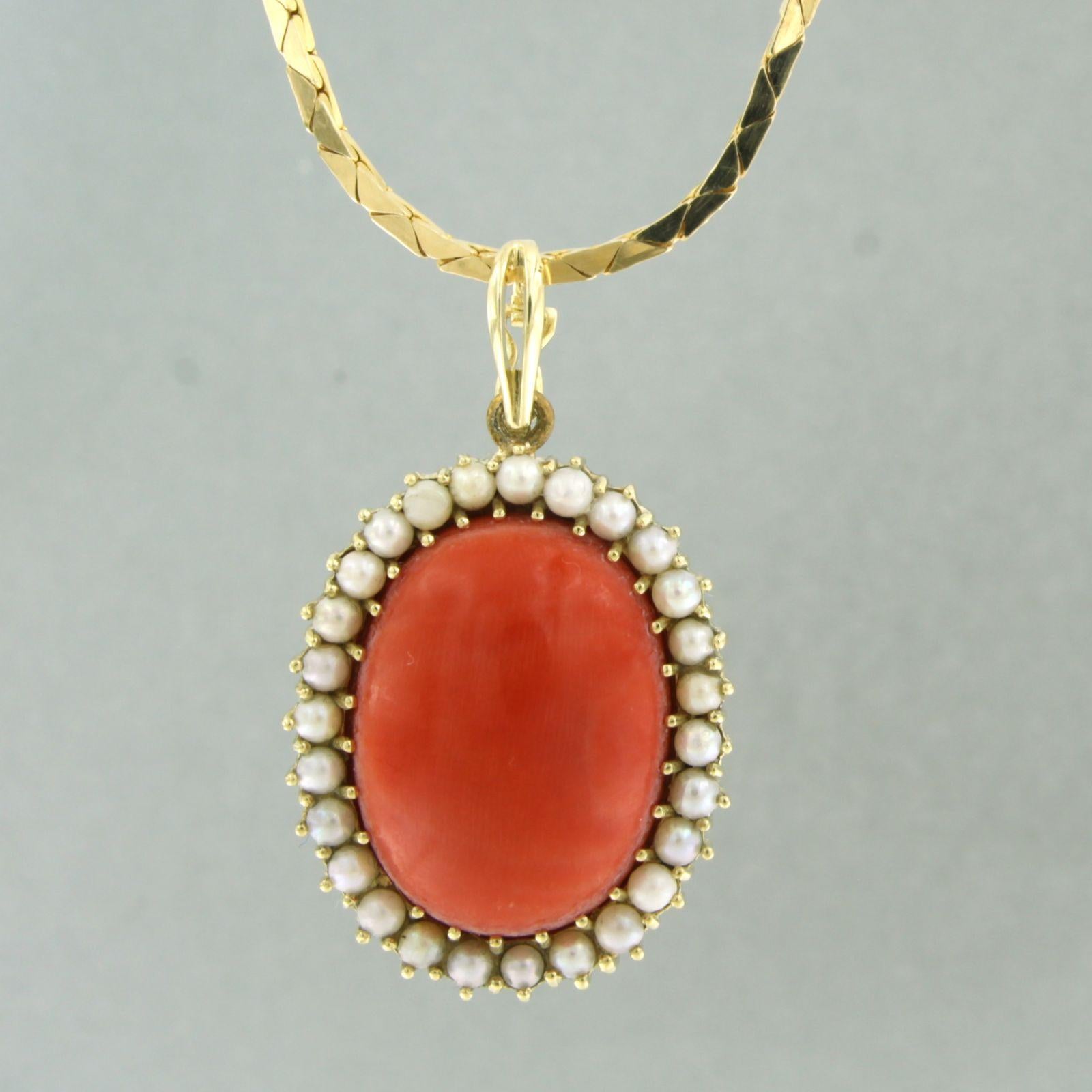 High Victorian Necklace and pendant with Corallium Rubrum and pearls 14k gold - 20.5 grams For Sale