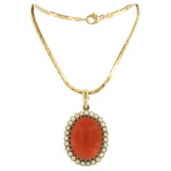 Necklace and pendant with Corallium Rubrum and pearls 14k gold - 20.5 grams