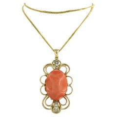 Necklace and pendant with Corallium Rubrum and single cut diamonds - 14k gold