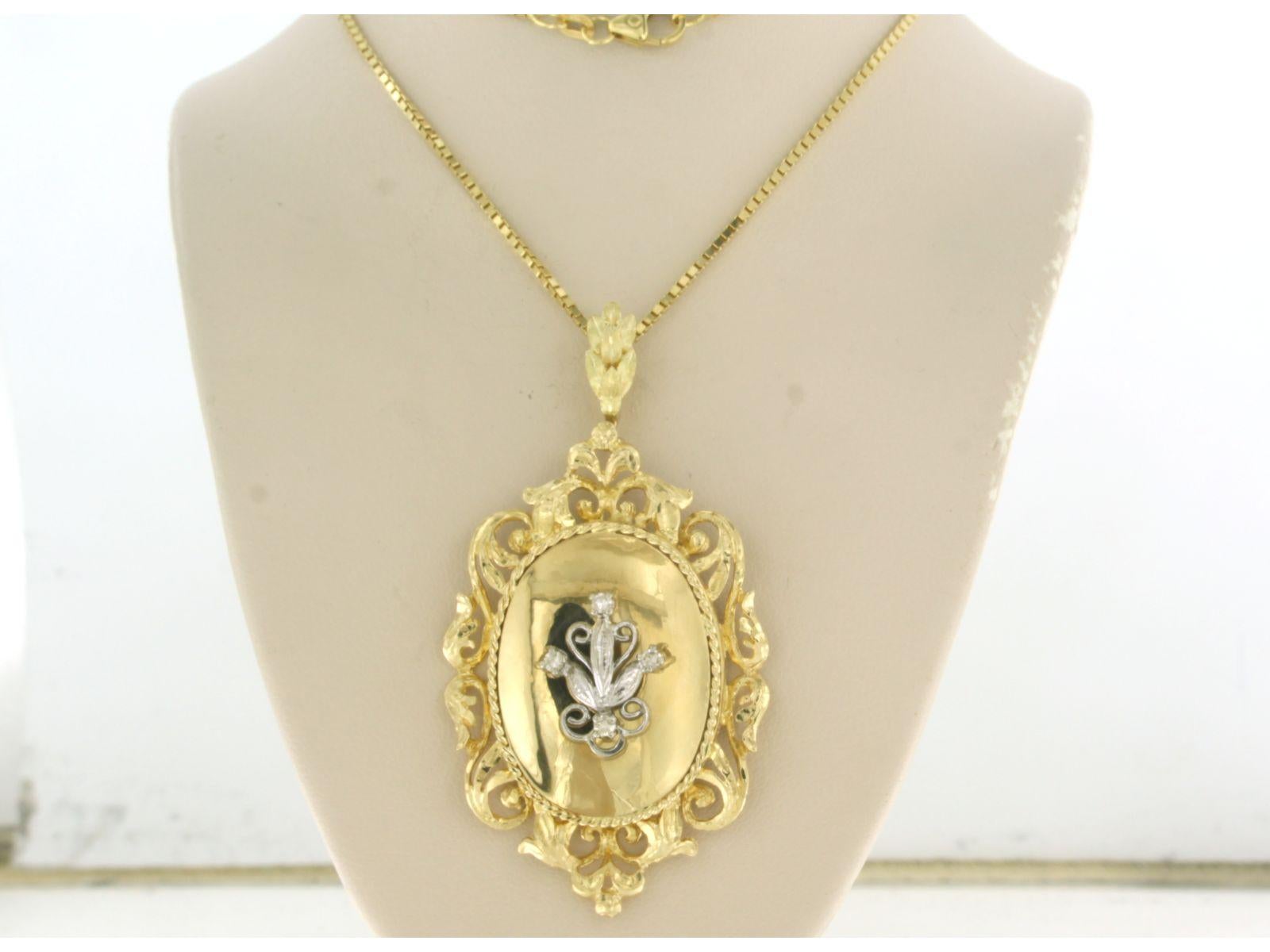 14k yellow gold necklace with bicolour gold pendant set with single cut diamonds up to . 0.06ct - F/G - VS/SI - 45 cm long

the size of the pendant is 6.0 cm by 3.2 cm wide

total weight 15.6 grams

set with

- 3 x 1.7 mm single cut diamond,