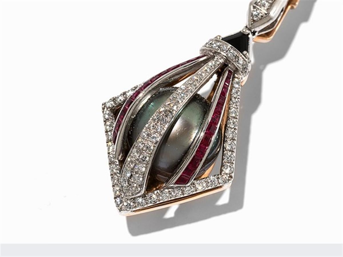 Brilliant Cut Necklace and Pendant with Diamonds, Rubies and Tahitian Pearl, 18 Karat