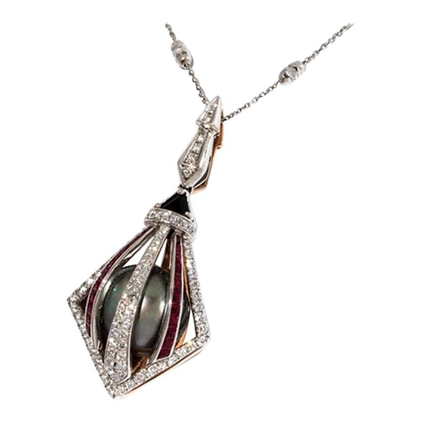 Necklace and Pendant with Diamonds, Rubies and Tahitian Pearl, 18 Karat