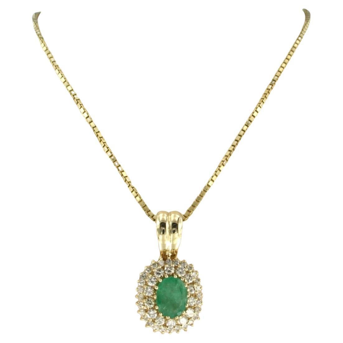 Necklace and pendant with emerald and brilliant cut diamonds 14k gold