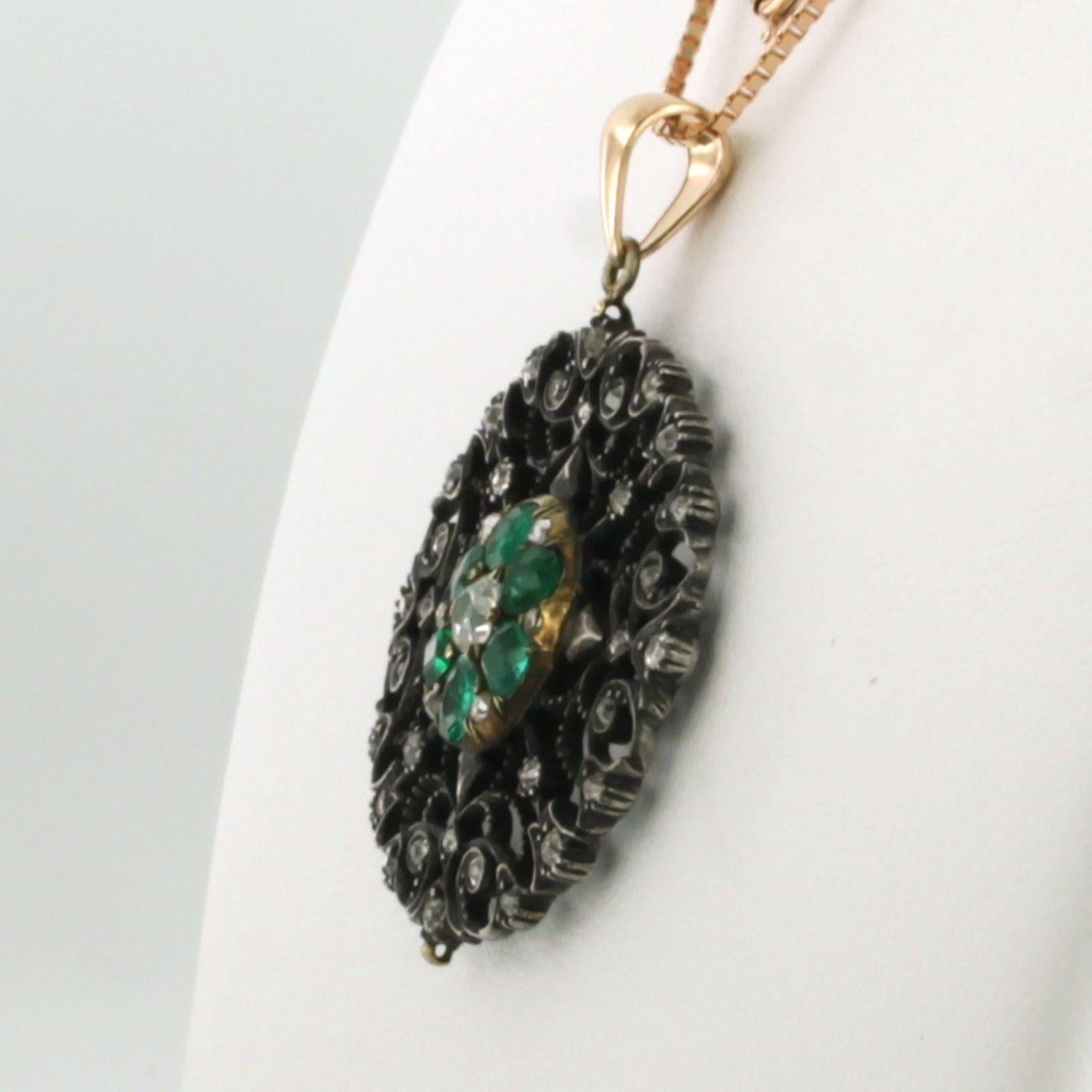 Old Mine Cut Necklace and pendant with emerald and old mine cut diamond 14k gold and silver For Sale