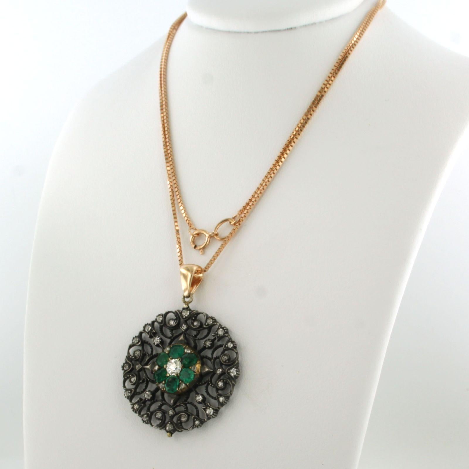 Women's Necklace and pendant with emerald and old mine cut diamond 14k gold and silver For Sale