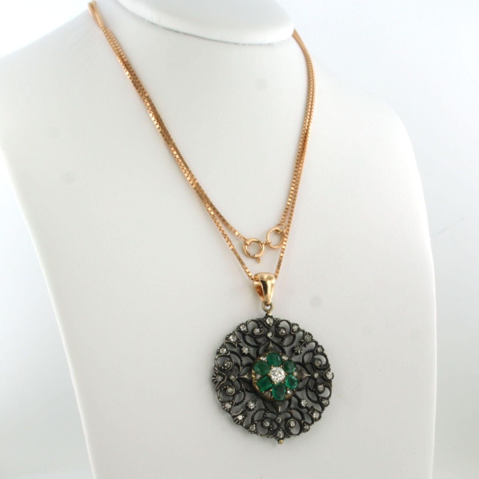 Necklace and pendant with emerald and old mine cut diamond 14k gold and silver For Sale 1