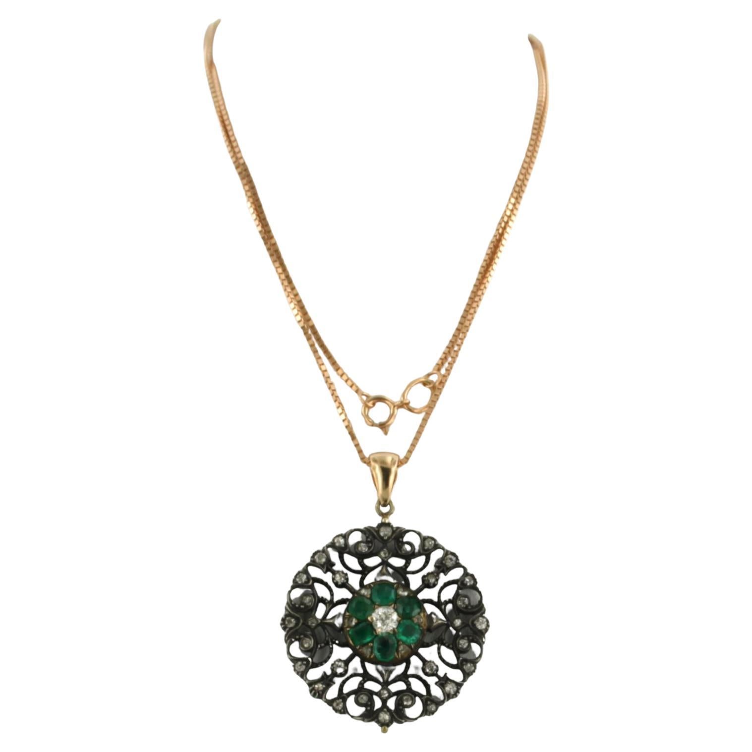 Necklace and pendant with emerald and old mine cut diamond 14k gold and silver