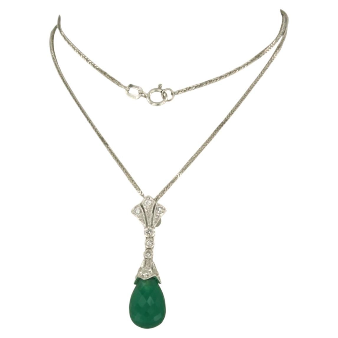 Necklace and pendant with green onyx and diamond, 14k white gold