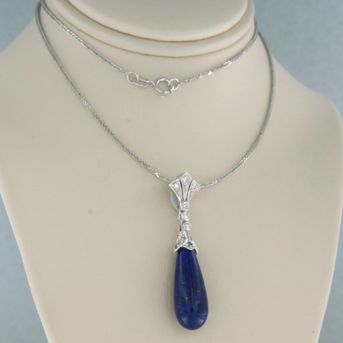 Single Cut Necklace and pendant with lapis lazuli and diamonds 14k white gold For Sale