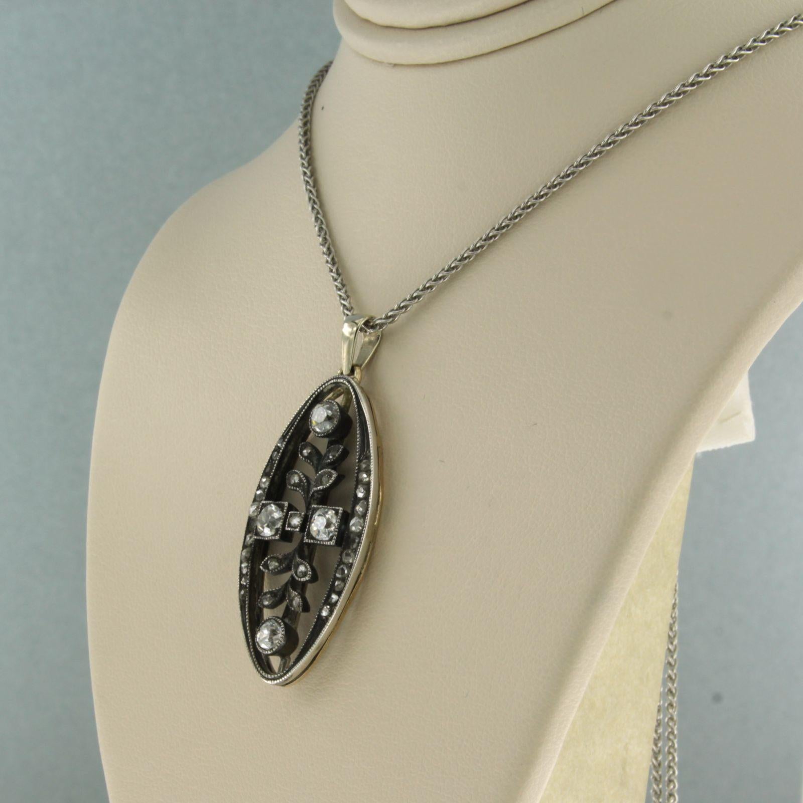 Collier et pendentif en or et argent 14 carats avec diamants taille vieille mine et rose Excellent état - En vente à The Hague, ZH
