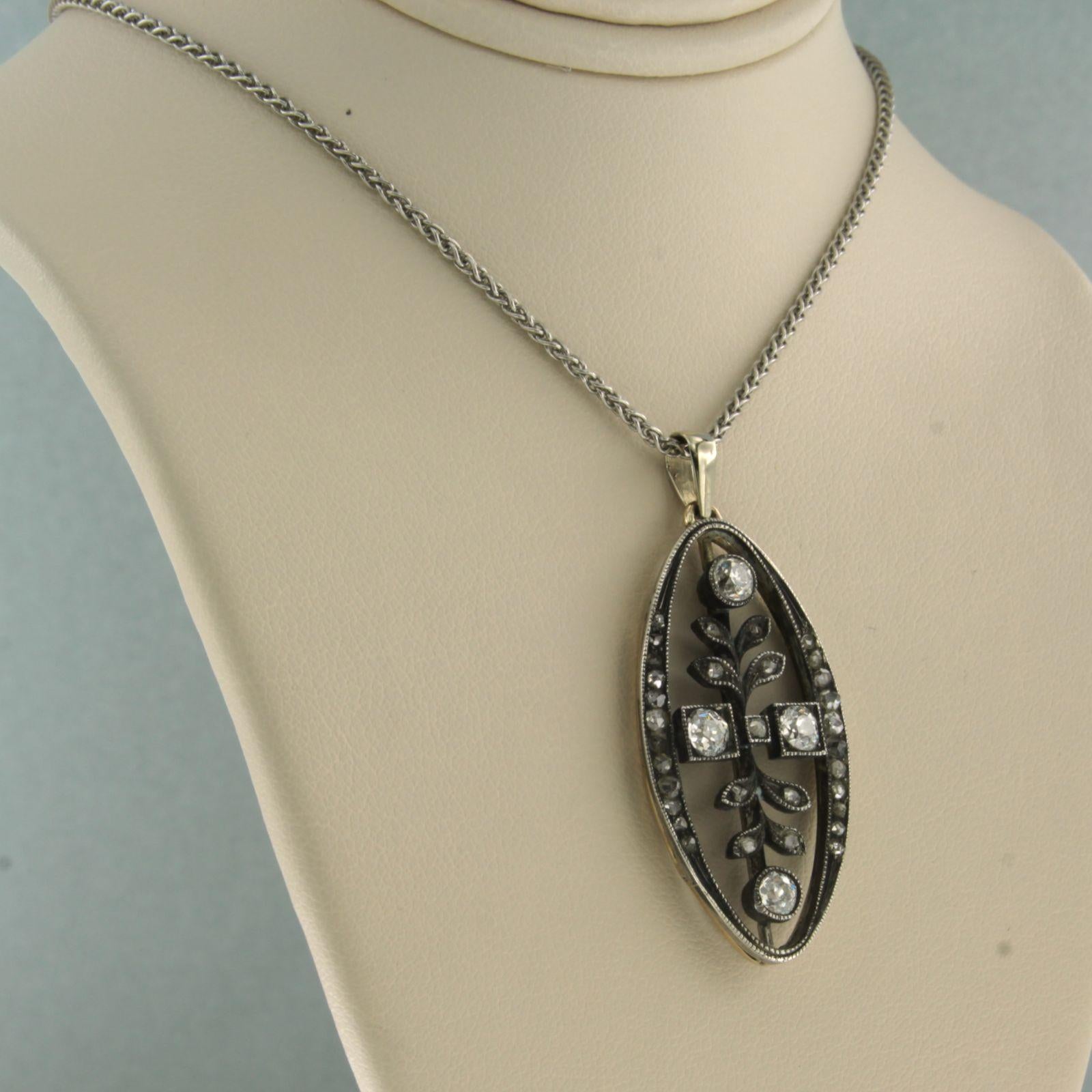 Collier et pendentif en or et argent 14 carats avec diamants taille vieille mine et rose Pour femmes en vente