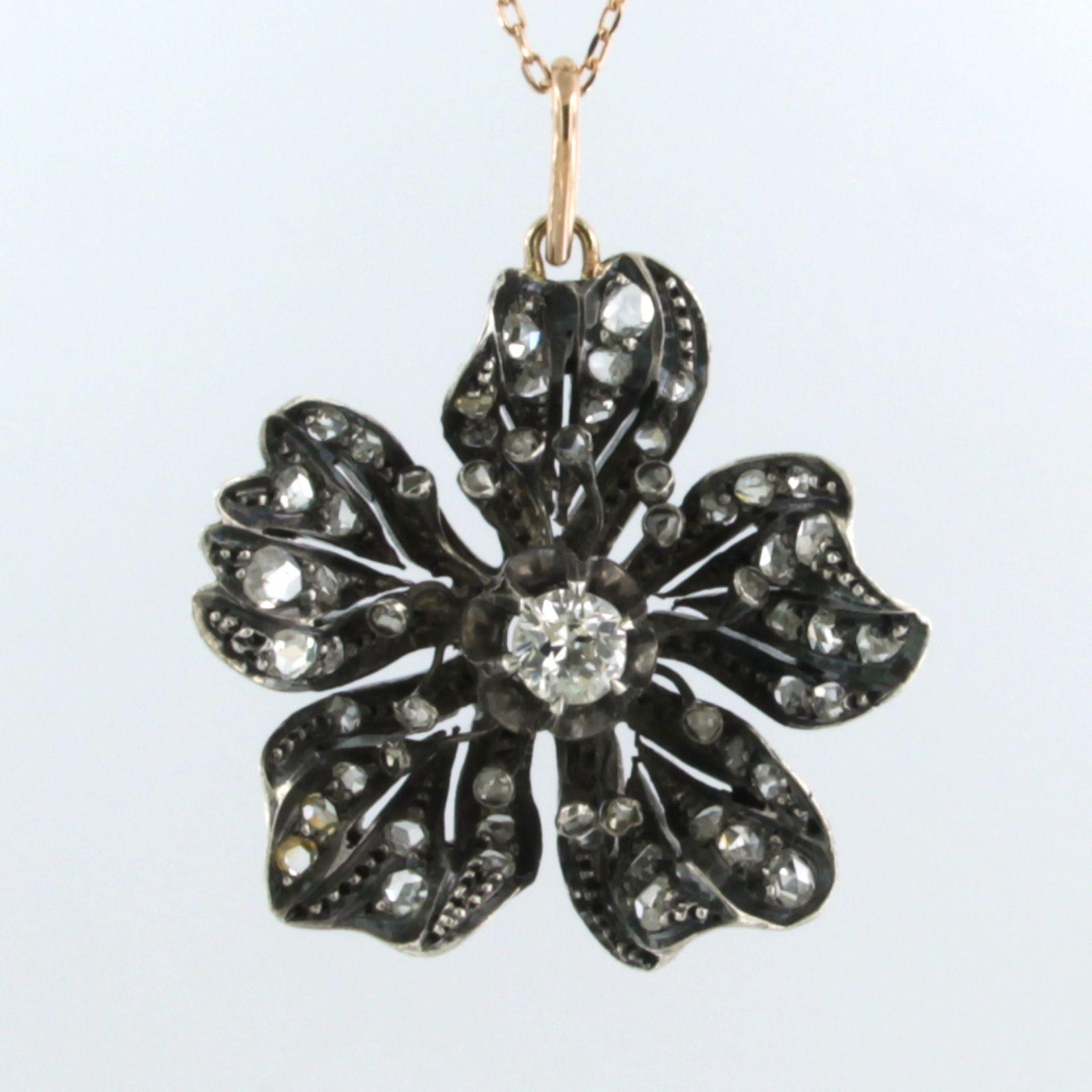Collana e ciondolo con diamanti old mine e taglio rosa in oro e argento 14k in vendita 1