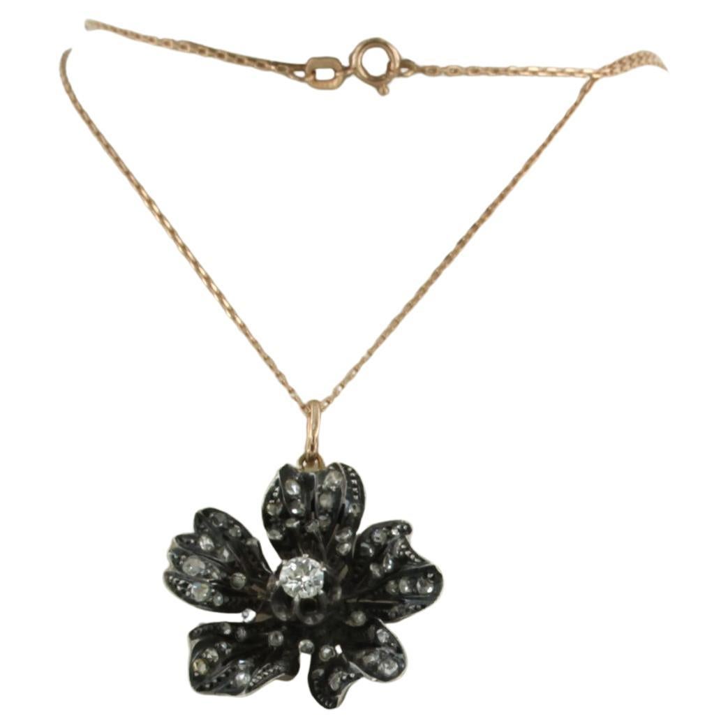 Necklace and pendant with old mine and rose cut diamonds 14k gold and silver