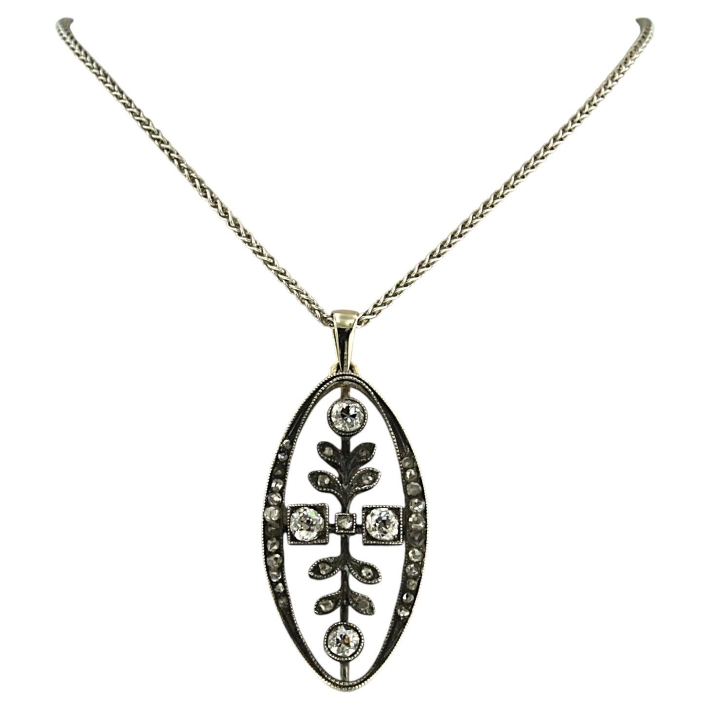 Necklace and pendant with old mine and rose cut diamonds 14k gold and silver For Sale