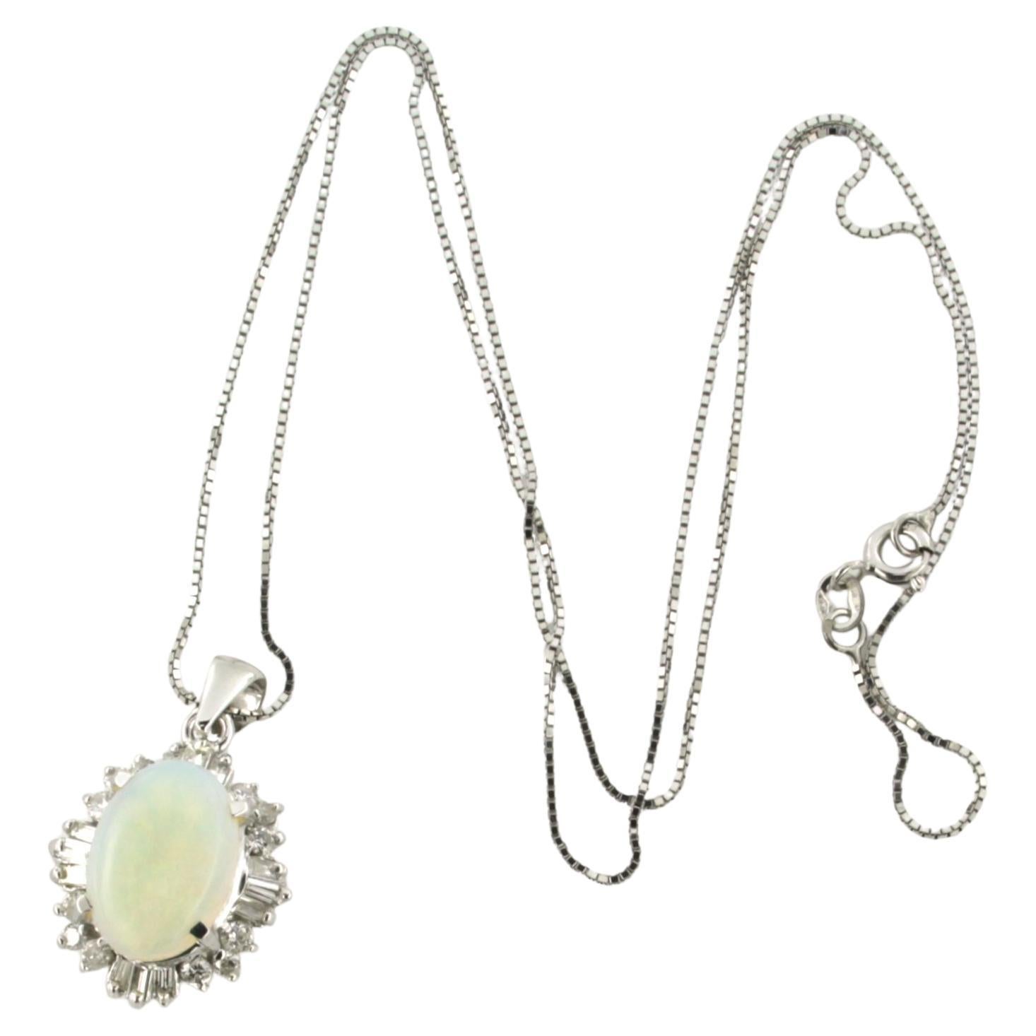 Necklace and pendant with opal, taper and brilliant cut diamonds 18k gold For Sale