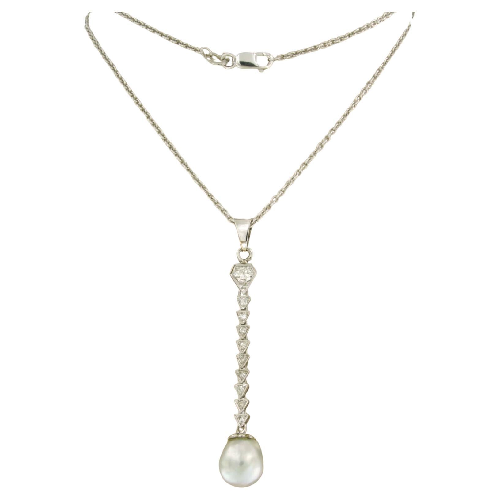 Necklace and pendant with pearl an single cut diamonds Platinum and 14k gold