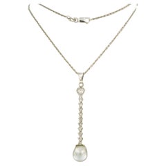 Necklace and pendant with pearl an single cut diamonds Platinum and 14k gold