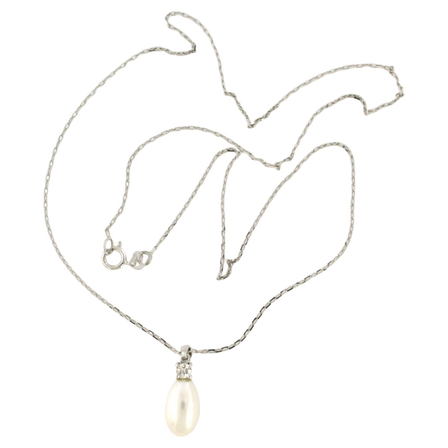 Necklace and pendant with pearl and brilliant cut diamond up to 0.10ct 14k gold