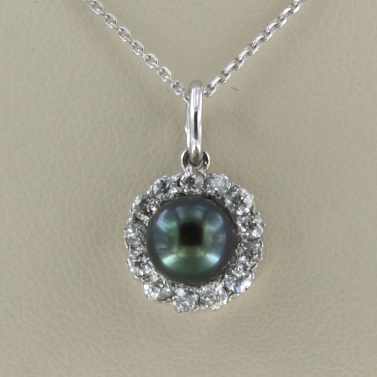 Old Mine Cut Necklace and pendant with pearl and old mine cut diamonds up to 1.00ct 14k gold For Sale