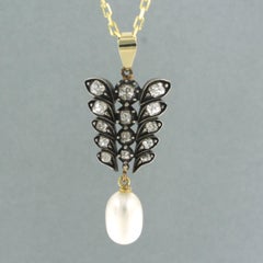 Necklace and pendant with pearl and old mine cut diamonds up to 1.50ct 14k gold
