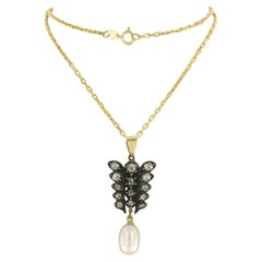Antique Necklace and pendant with pearl and old mine cut diamonds up to 1.50ct 14k gold
