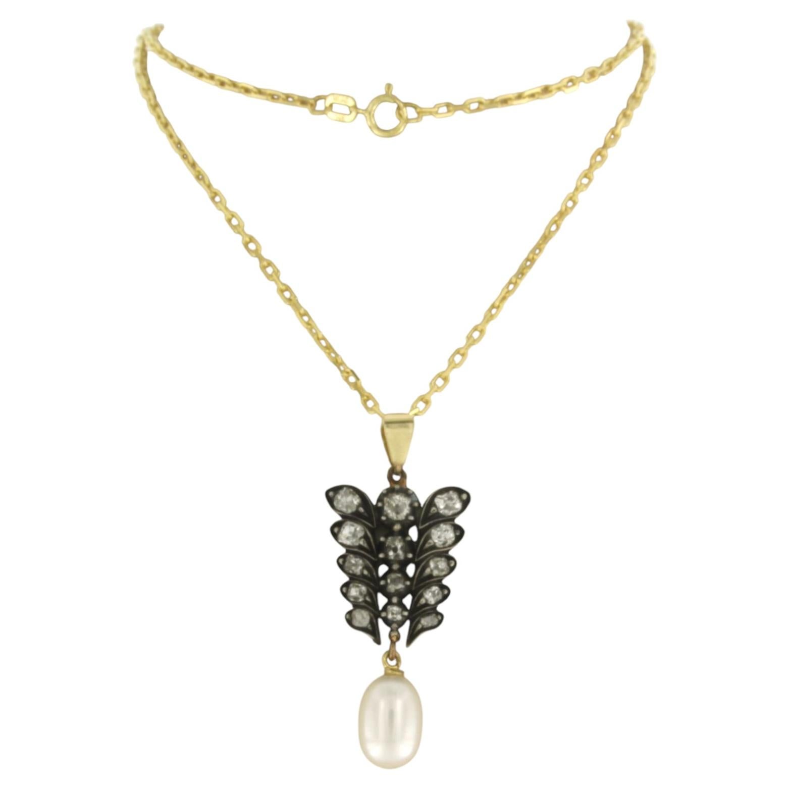 Collier et pendentif avec perle et diamants taille ancienne jusqu'à 1,50ct or 14k en vente