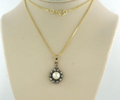 Necklace and pendant with pearl and rose cut diamonds 14k gold and silver