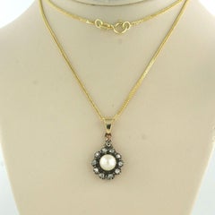 Collana e pendente con perla e diamanti taglio rosa in oro e argento 14k