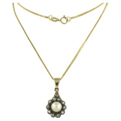 Necklace and pendant with pearl and rose cut diamonds 14k gold and silver