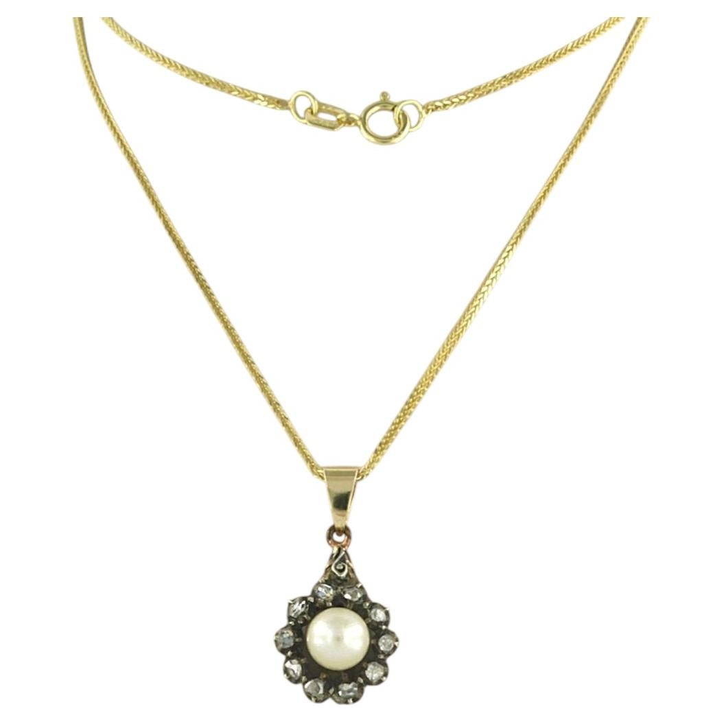 Collier et pendentif avec perle et diamants taillés en rose 14k or et argent