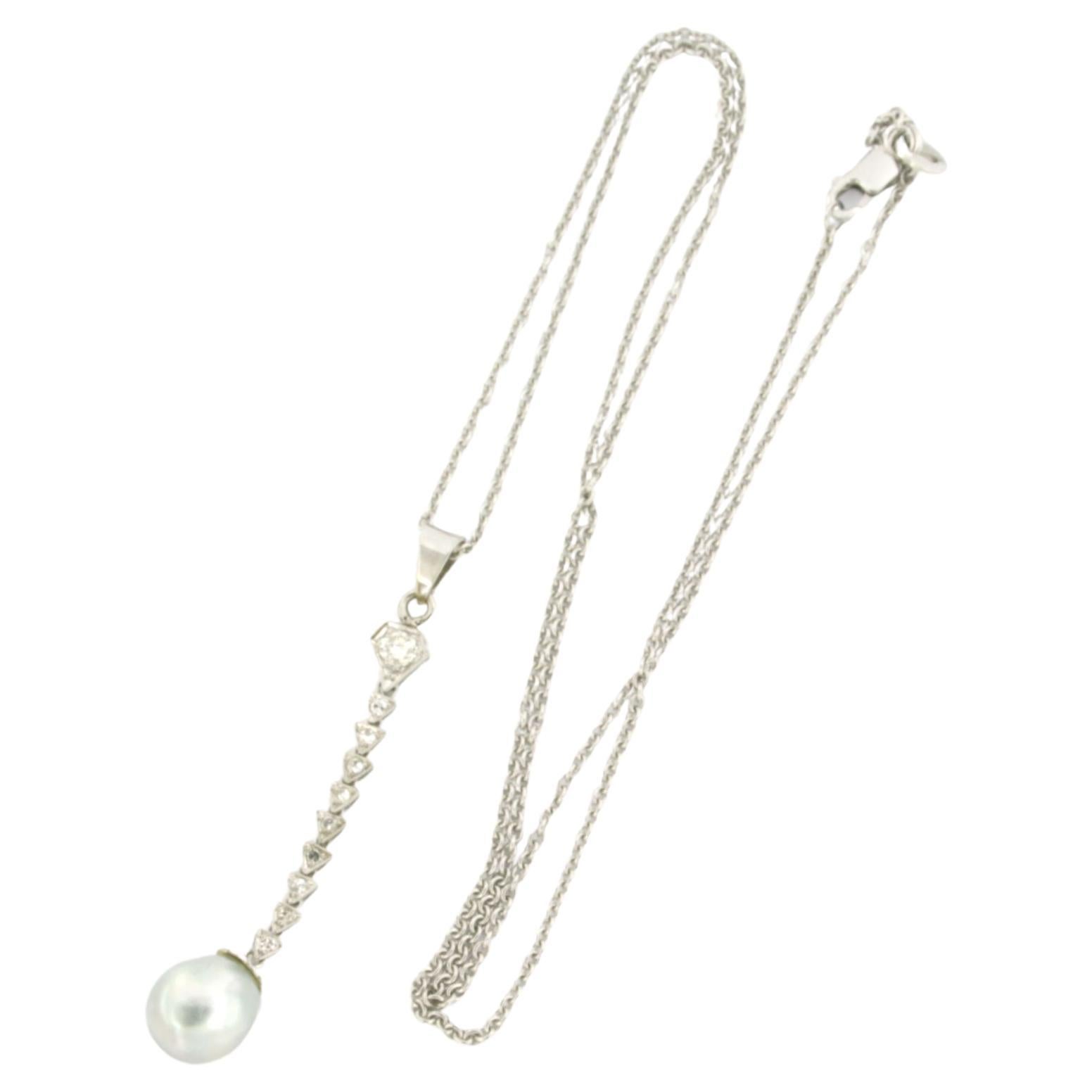 Necklace and pendant with pearl and single cut diamonds up to 0.20ct Platinum
