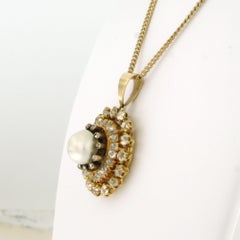 Halskette und Anhänger mit Perle, alter Mine und Diamanten im Rosenschliff 14k Gold