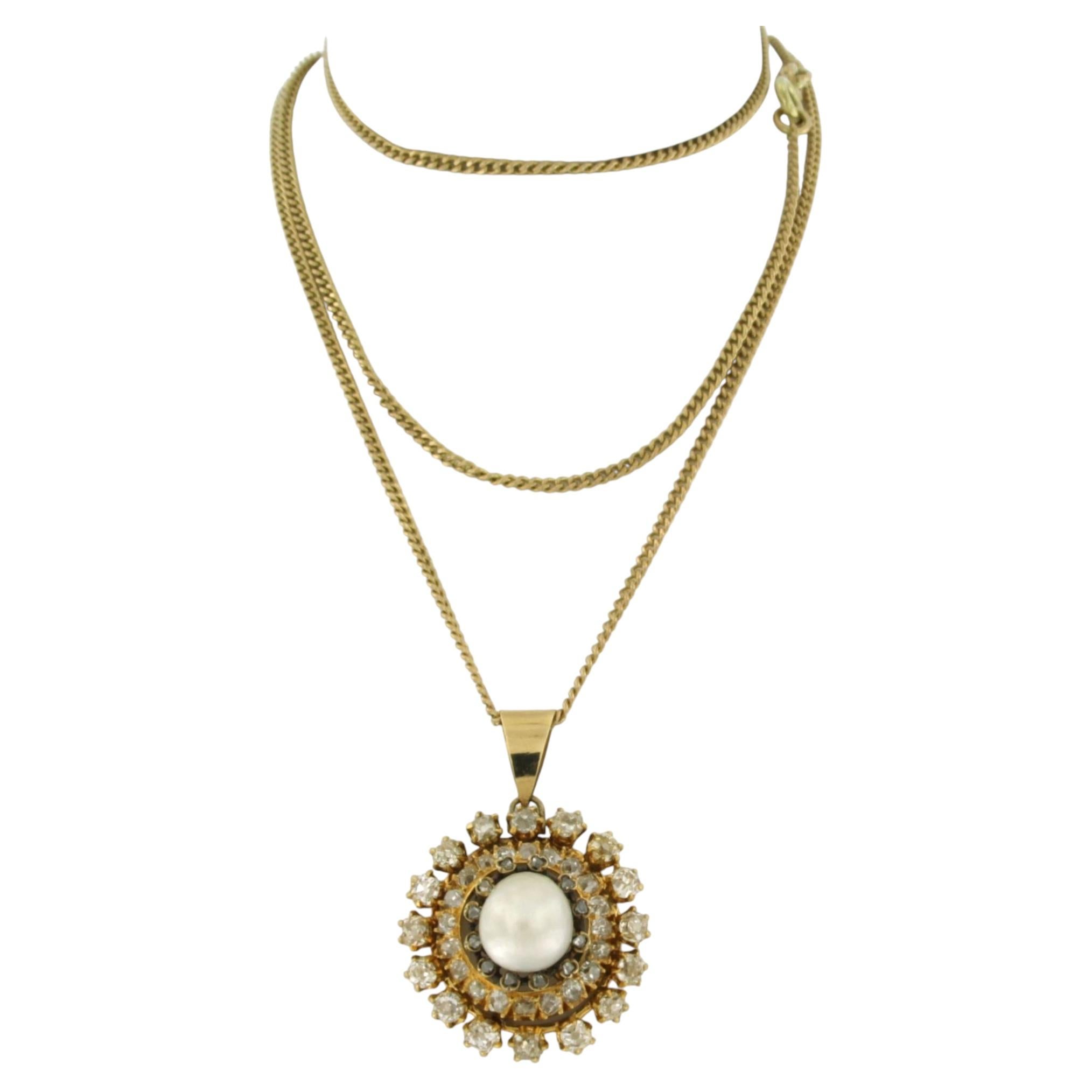 Collana e pendente con perla, miniera antica e diamanti taglio rosa in oro 14k