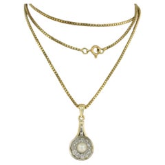 Collana e pendente con perle e diamanti taglio old mine fino a 0,30ct in oro 14k