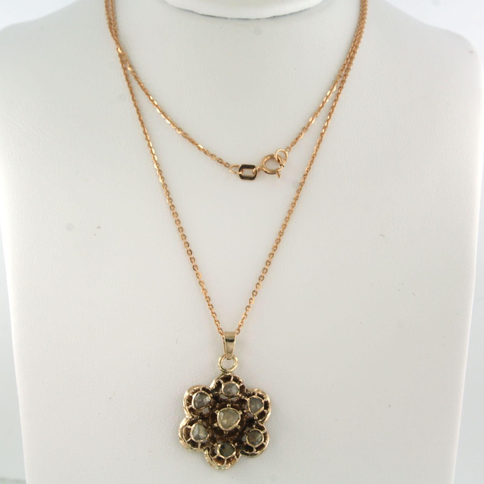 14k pink gold necklace and pendant set with rose cut diamonds totaling approximately 0.15ct – G/H - SI - 50cm long

Detailed description

the length of the necklace is 50cm long by 0.7mm wide

the pendant is 2.6cm high and 1.7cm wide

total weight: