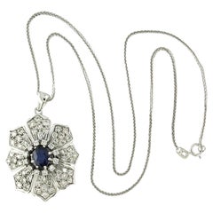 Necklace and pendant with sapphire and brilliant cut diamonds 14k white gold