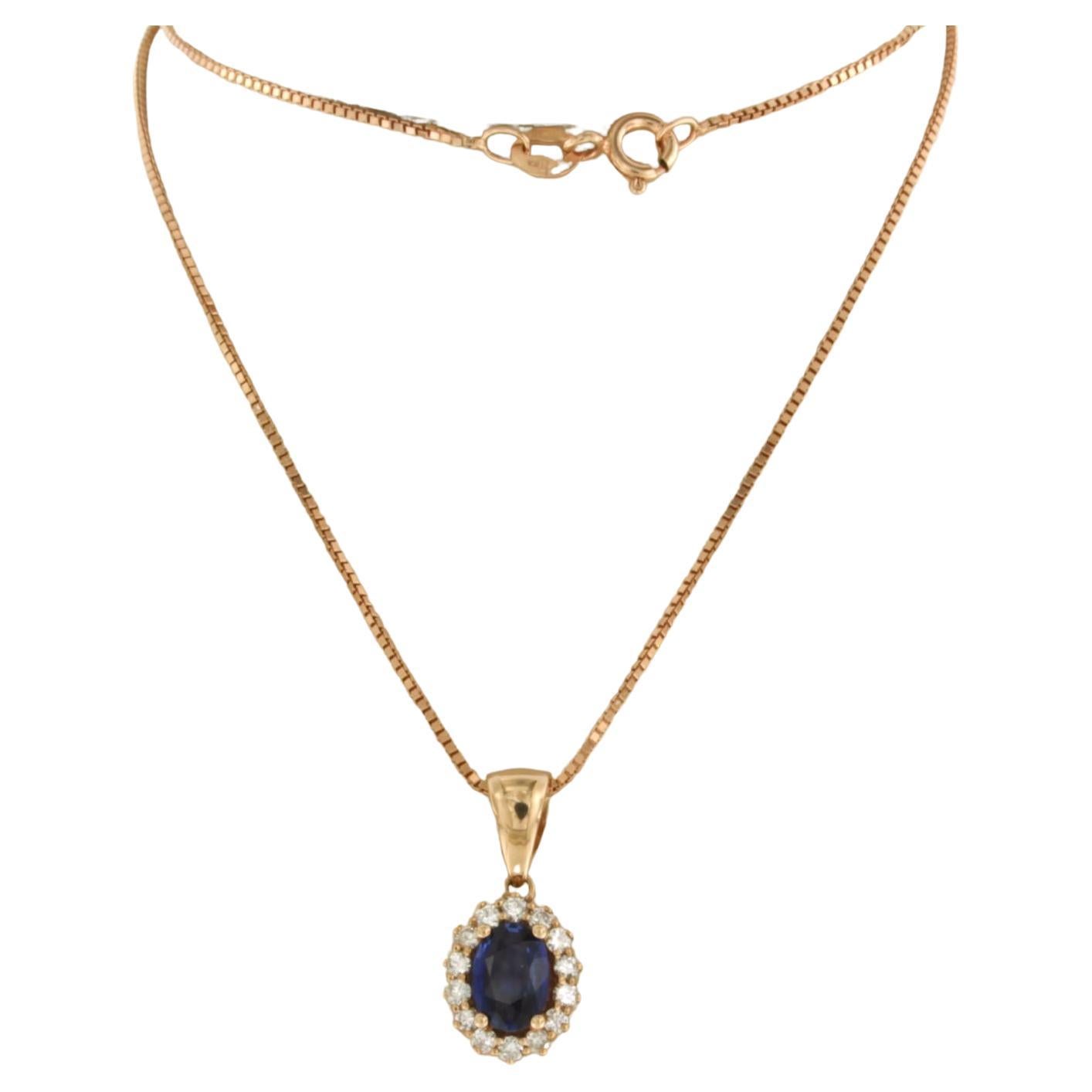 Necklace and pendant with sapphire and brilliant cut diamonds 18k pink gold