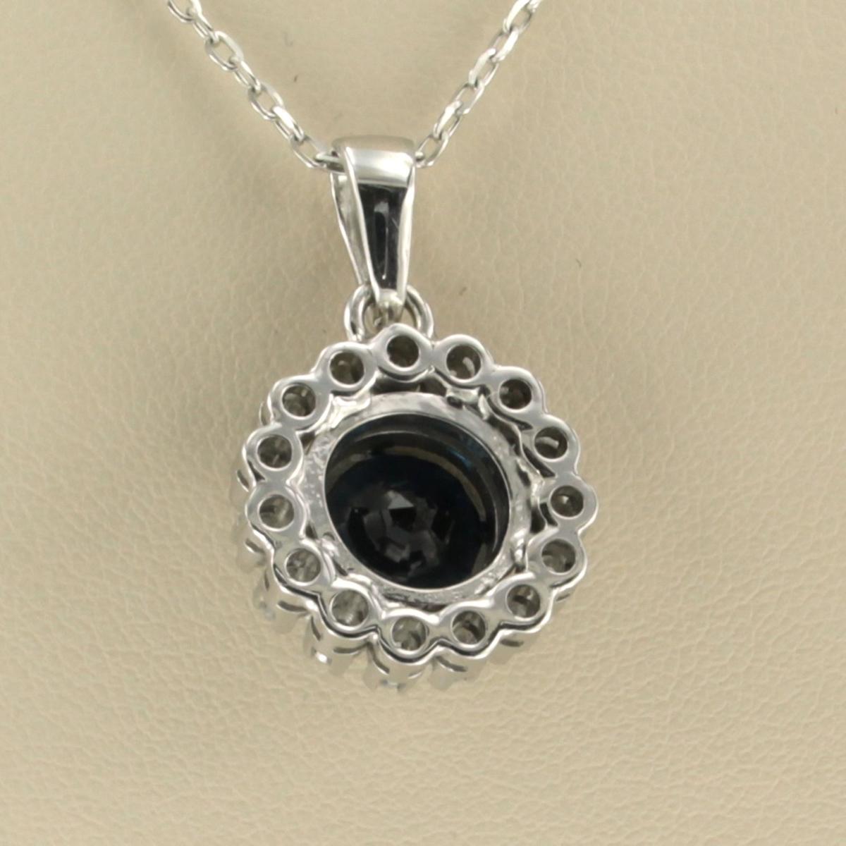 14k white gold necklace with pendant set with sapphire and single cut diamond up to 0.75ct F/G-VS/SI- 45 cm long 

detailed description:

the necklace is 45 cm long and 0.8 mm wide

the pendant is 2.5 cm high and 1.6 cm wide

the necklace is 18k