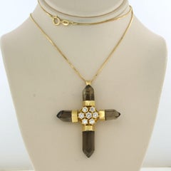 Necklace and pendant with smoky quartz and brilliant cut diamonds 18k gold