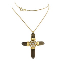 Necklace and pendant with smoky quartz and brilliant cut diamonds 18k gold