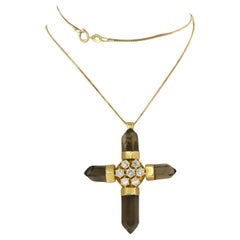 Necklace and pendant with smoky quartz and brilliant cut diamonds 18k gold
