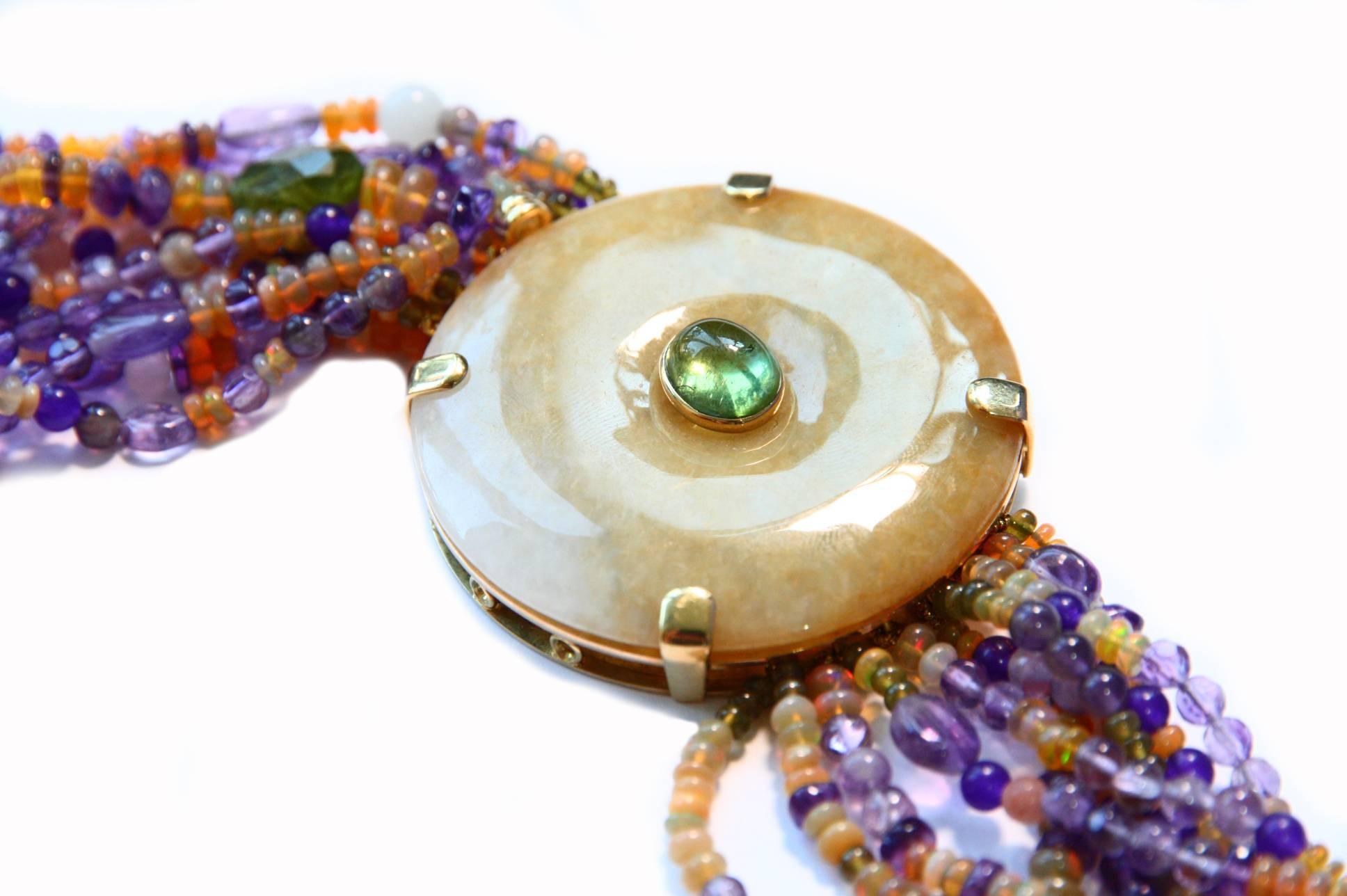 Artist Necklace Antiques Jade Tourmaline Fire Opal Amethyst 18 Karat Gold For Sale