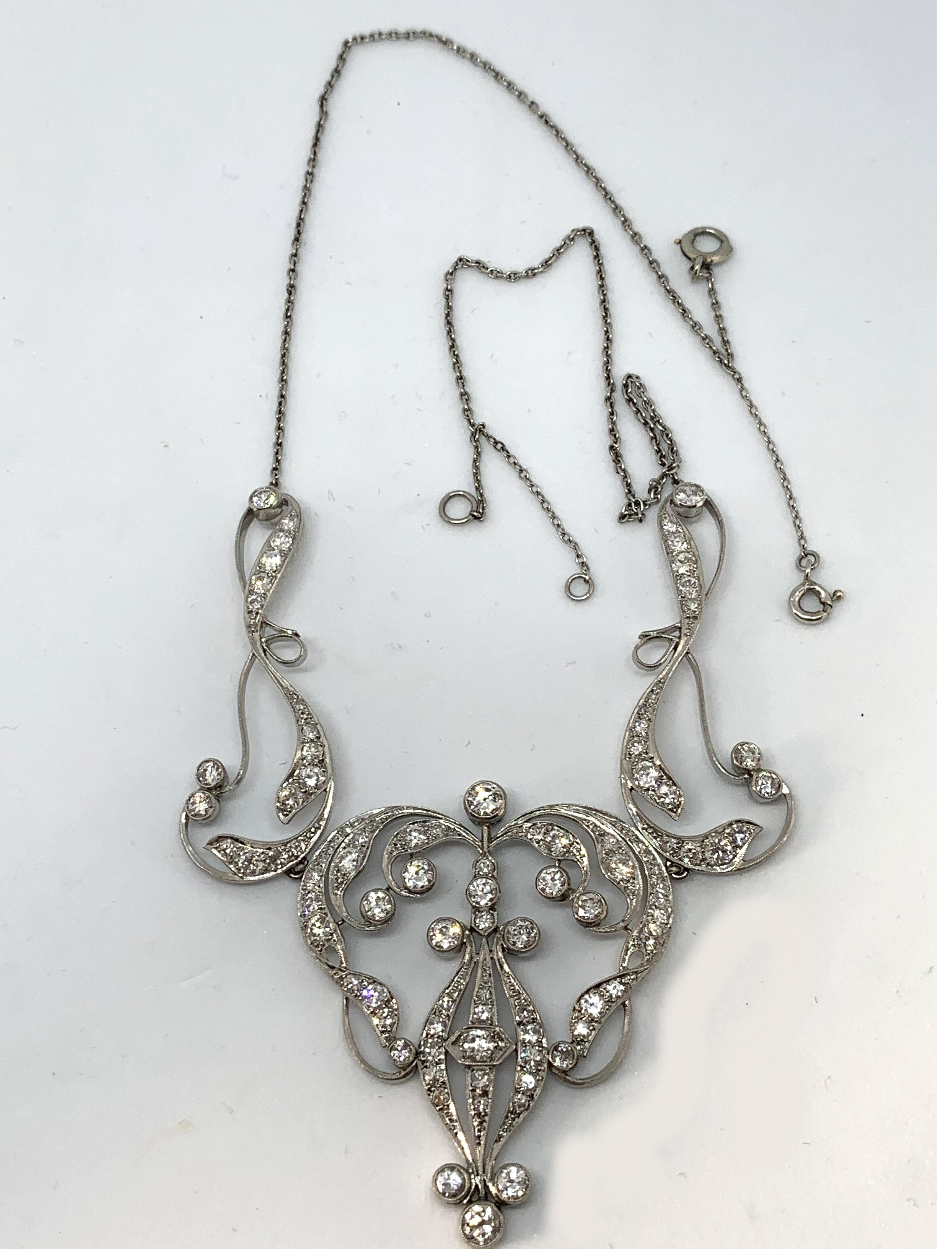 Old European Cut Necklace Art Nouveau Platinum Diamond Necklace For Sale