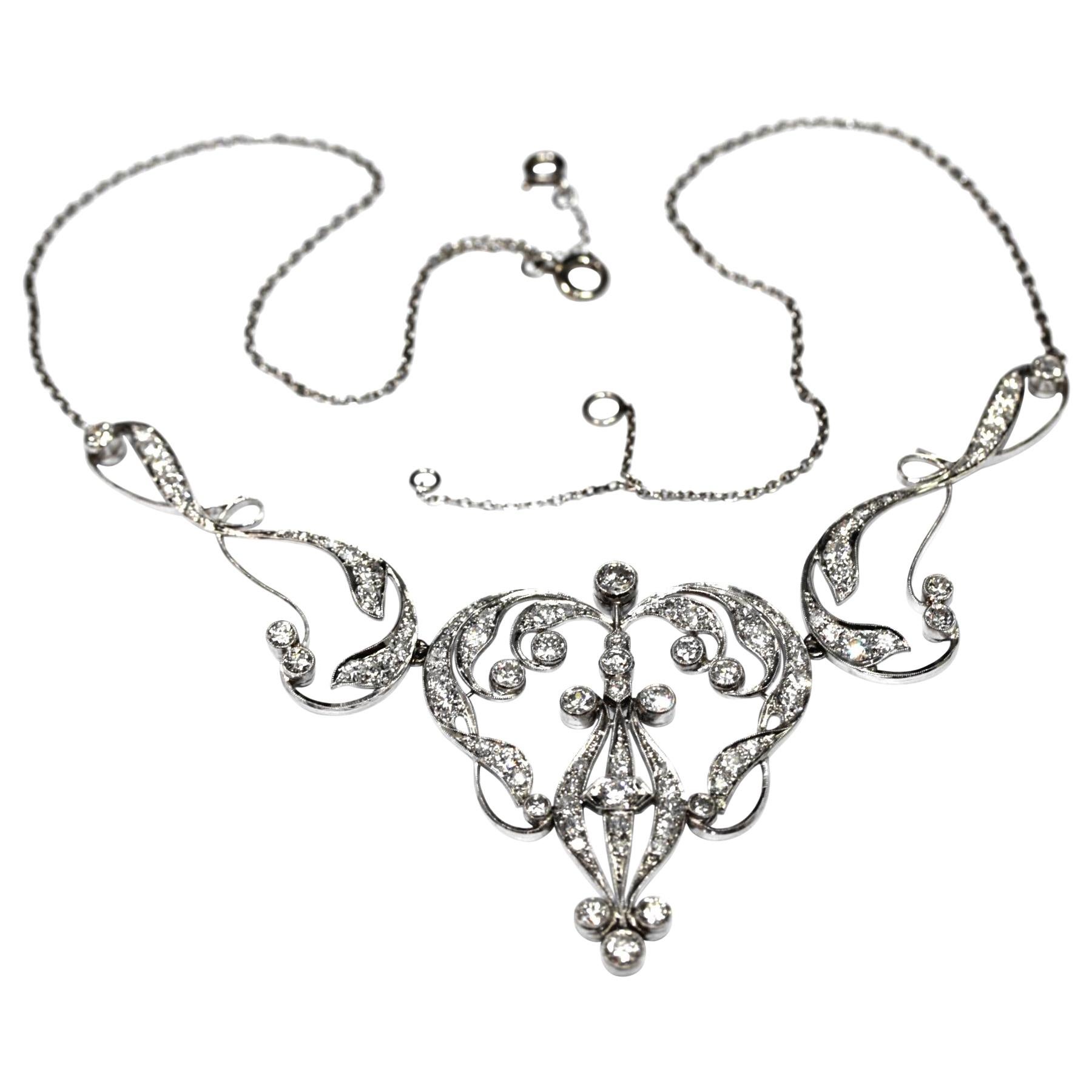 Necklace Art Nouveau Platinum Diamond Necklace For Sale