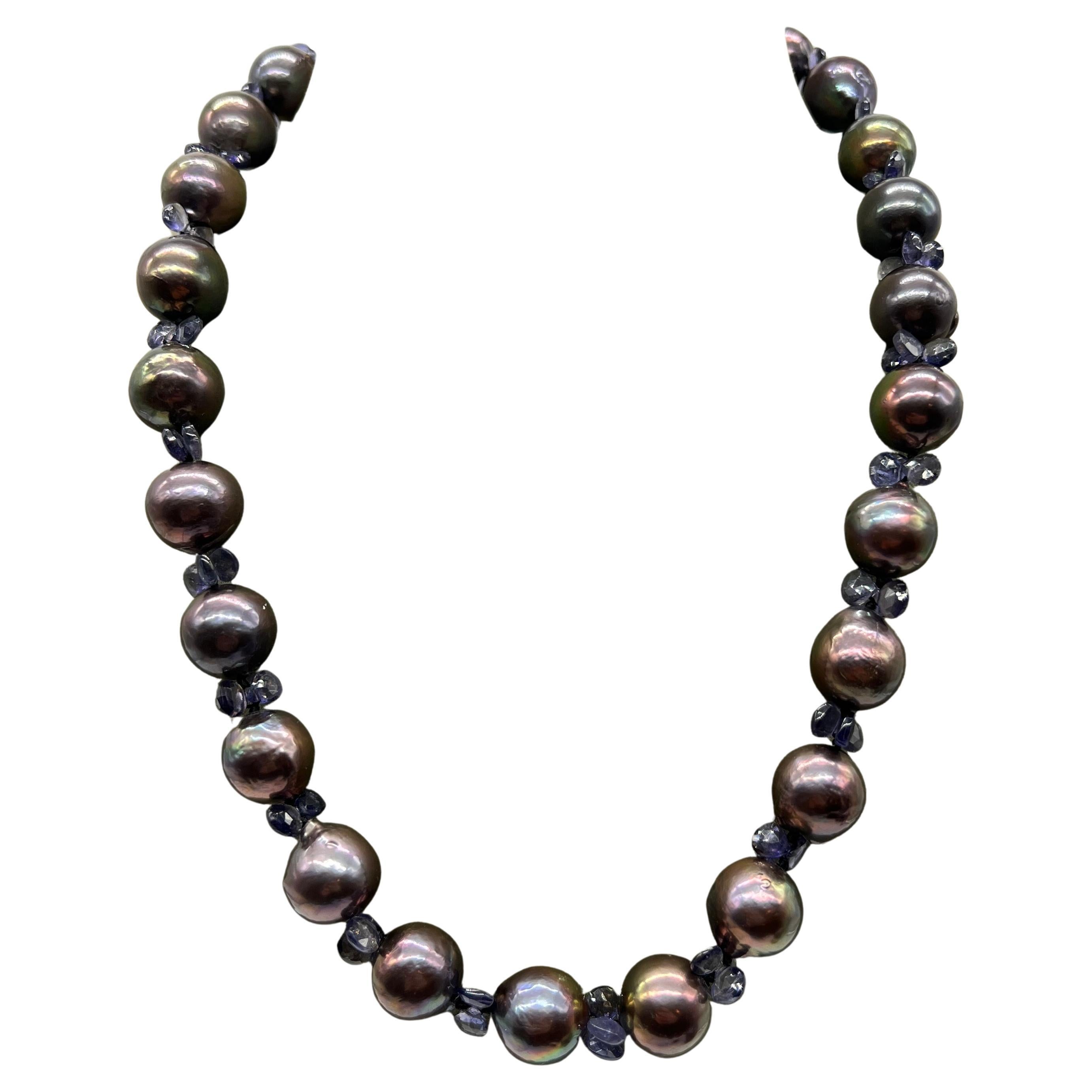 Necklace Baroque Black Pearls Iolites Bakelite Clasp For Sale