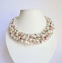 Necklace Baroque Pearls Diamonds Sapphires in 18 Carat White Gold