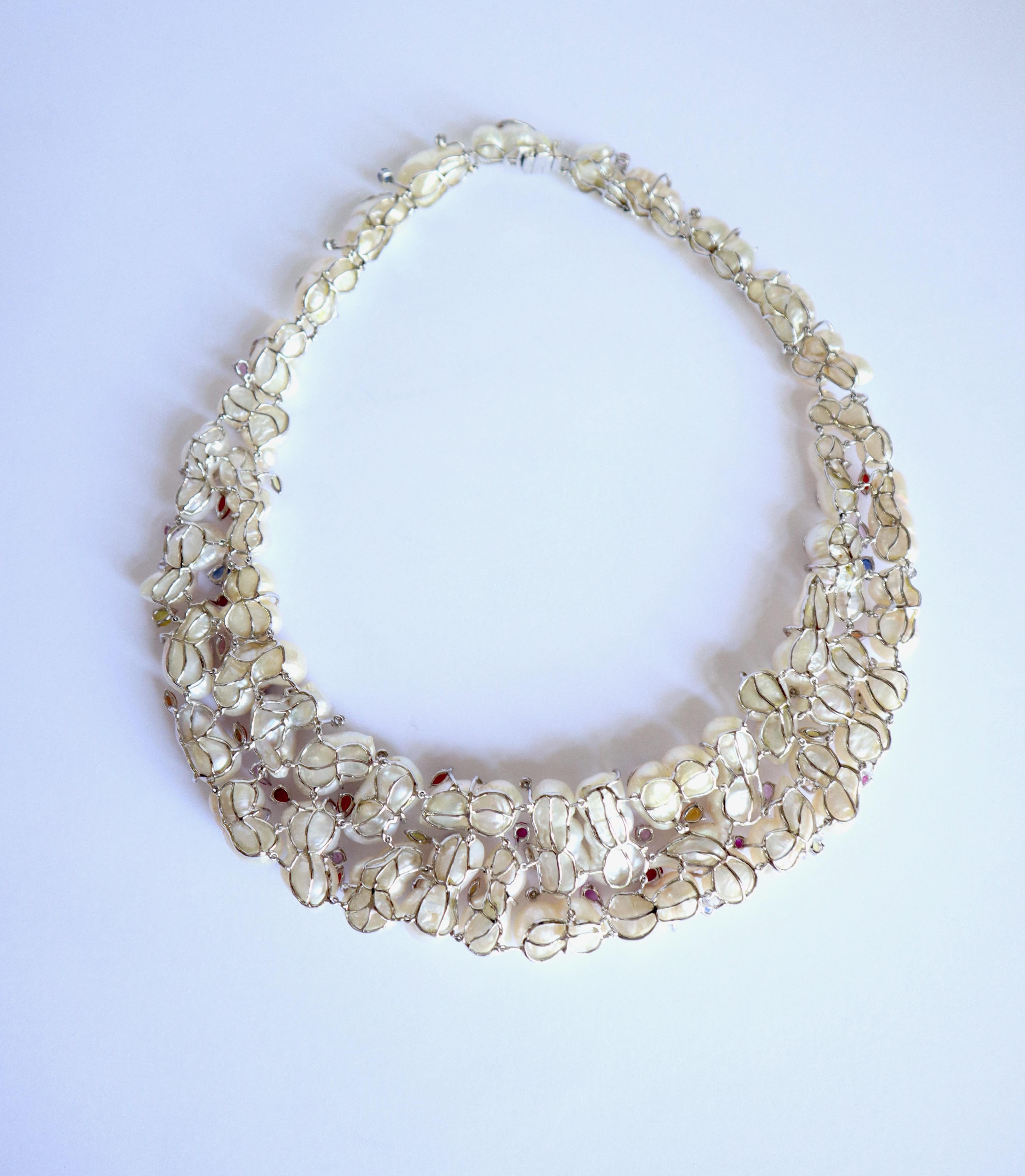 Brilliant Cut Necklace Baroque Pearls Diamonds Sapphires in 18 Carat White Gold For Sale